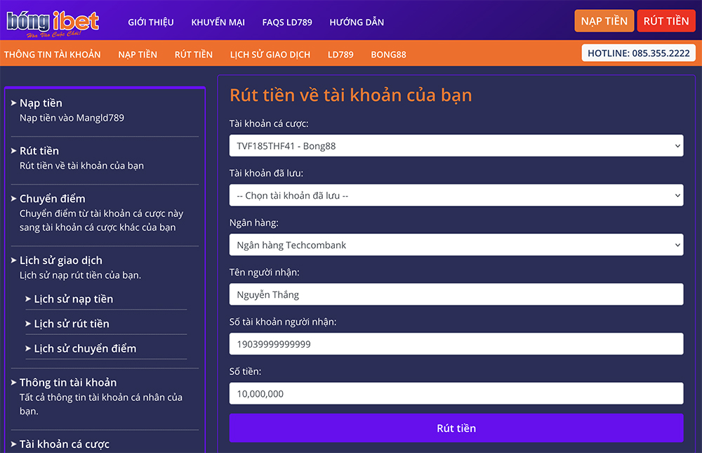 Hướng dẫn Rút Tiền Bong Ibet88 trực tuyến