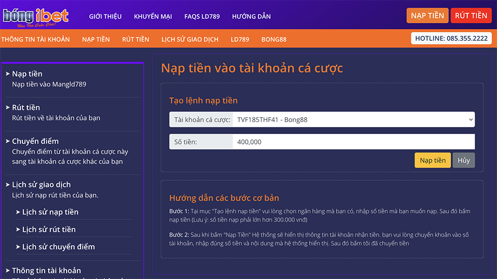 Hướng dẫn Nạp Tiền / Gửi Tiền tại Bong Ibet88